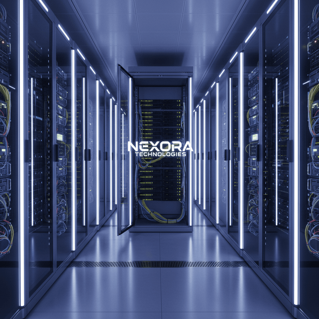 Modern IT infrastructure in a high-tech data center with server racks and organized cabling.