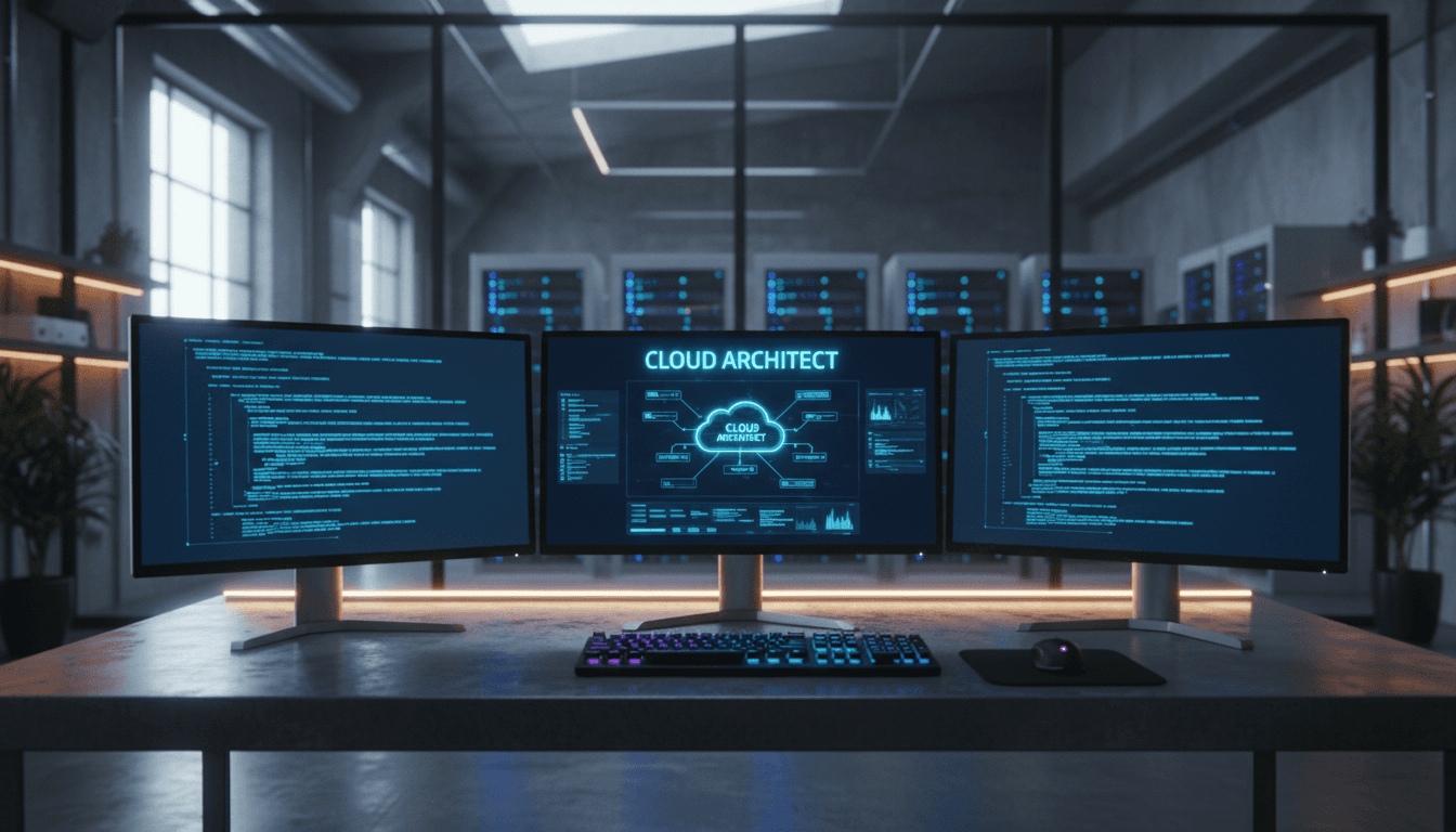 Software developer working on cloud infrastructure and code at modern tech workspace