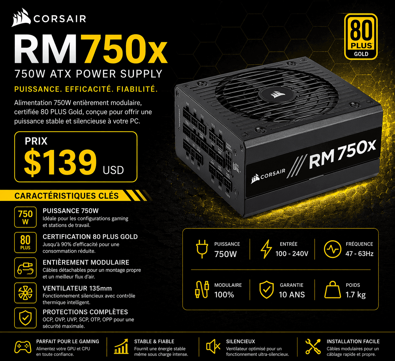Corsair RM750x 750W power supply unit displayed with technical specifications, pricing, and key features.