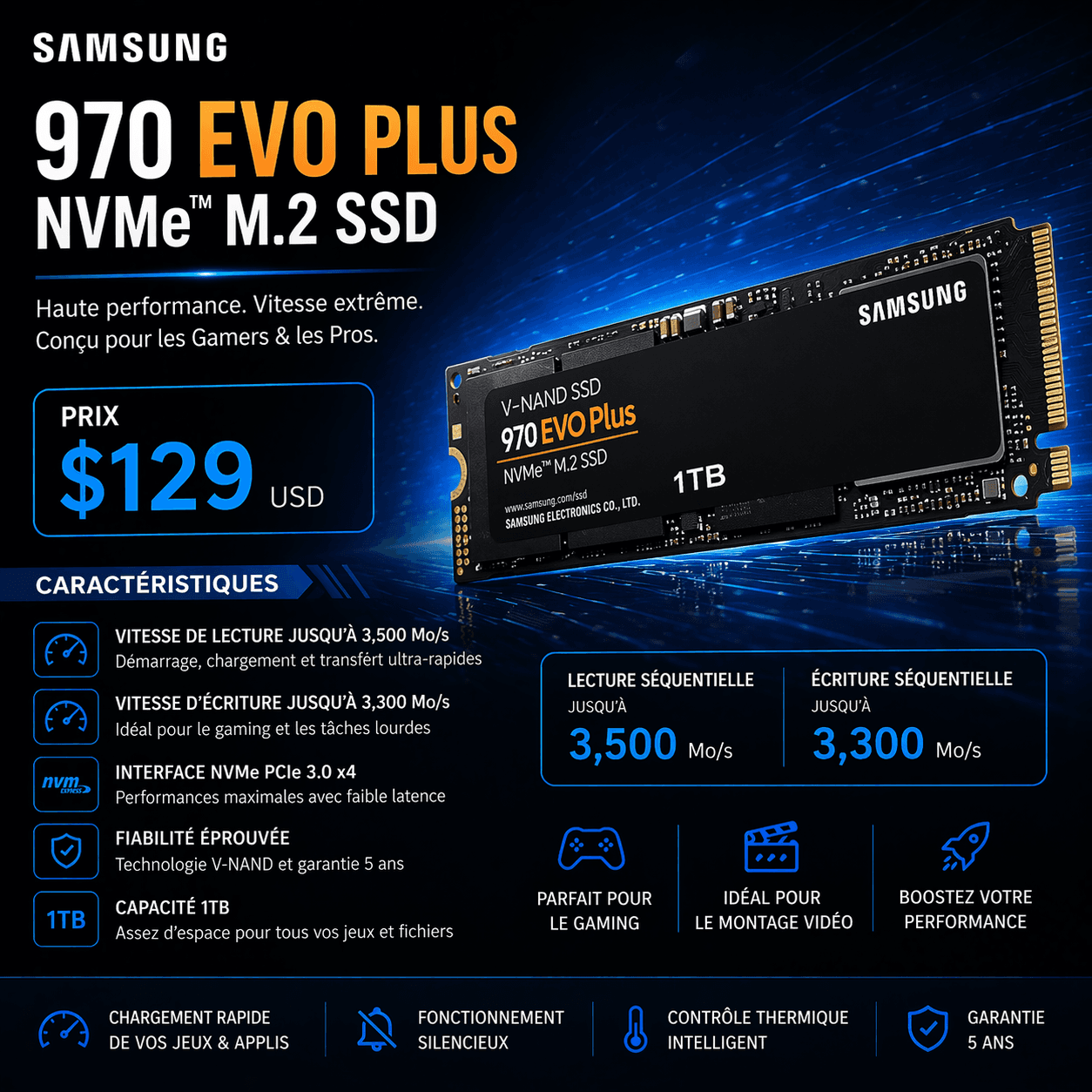 Samsung 970 EVO PLUS 1TB NVMe M.2 SSD graphic highlighting high-speed performance and $129 price.