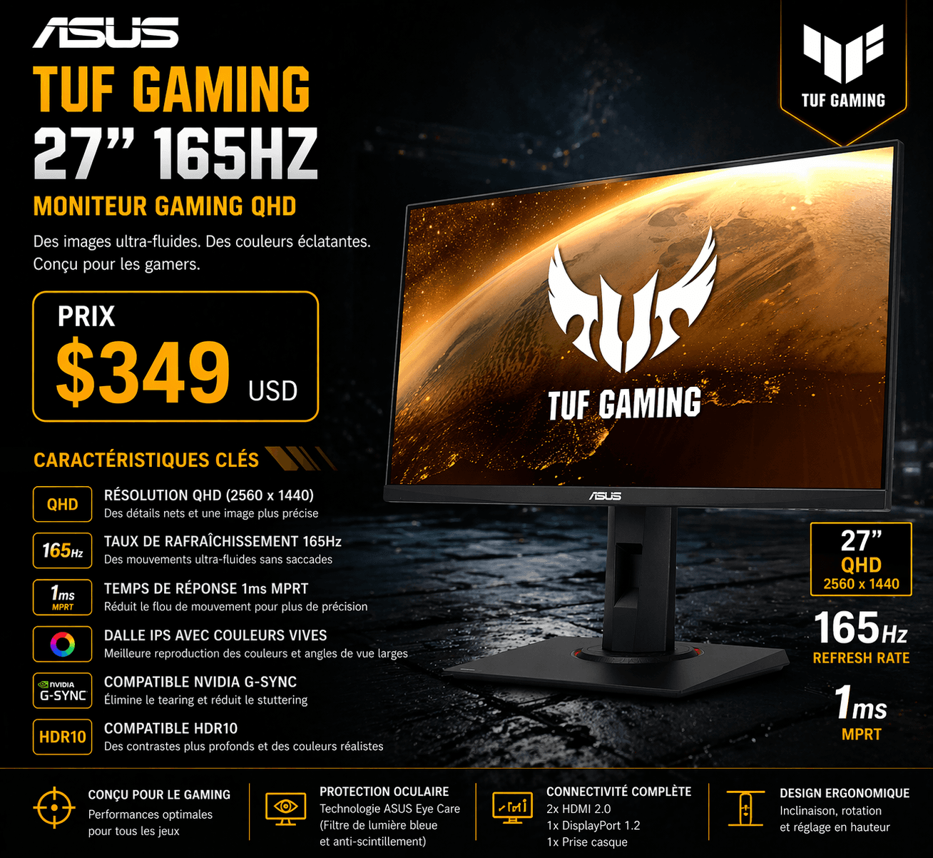 ASUS TUF Gaming 27-inch 165Hz QHD monitor advertisement with key features and $349 price tag.