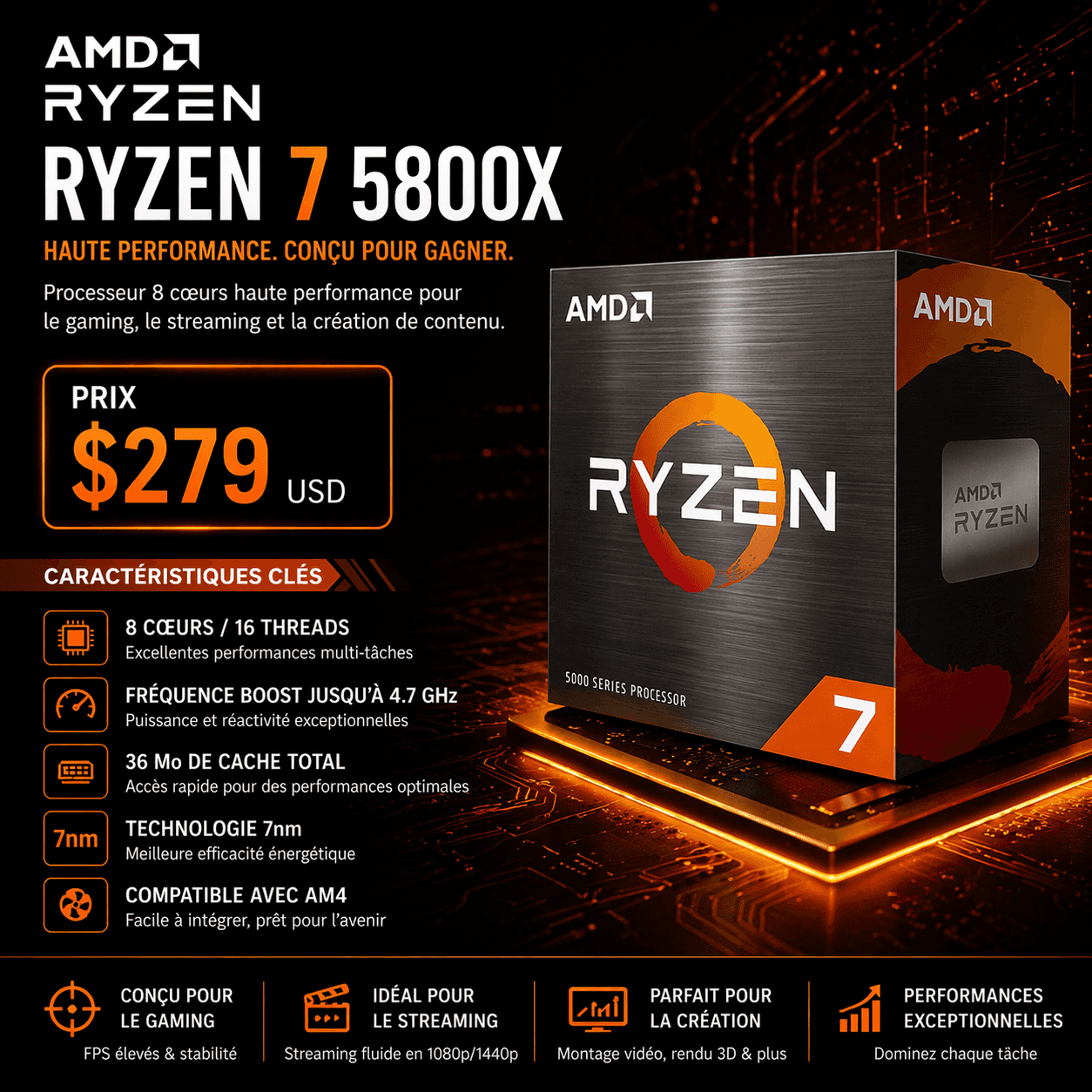 AMD Ryzen 7 5800X 8-core processor box with French technical specifications and $279 price.