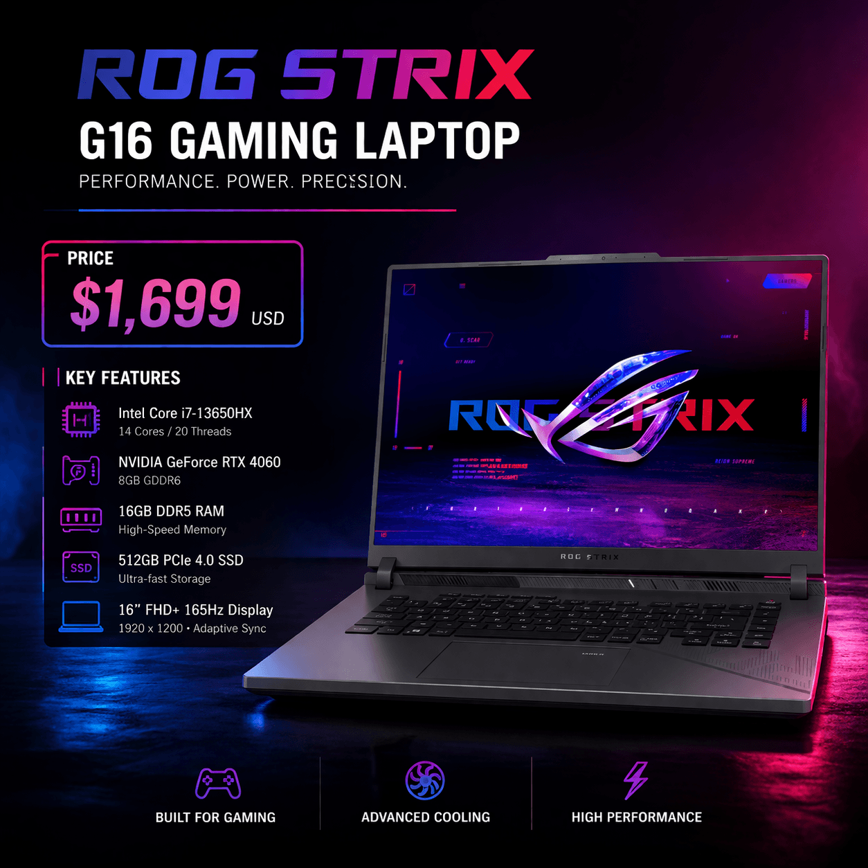 ROG Strix G16 gaming laptop advertisement featuring key technical specifications and a $1,699 price.