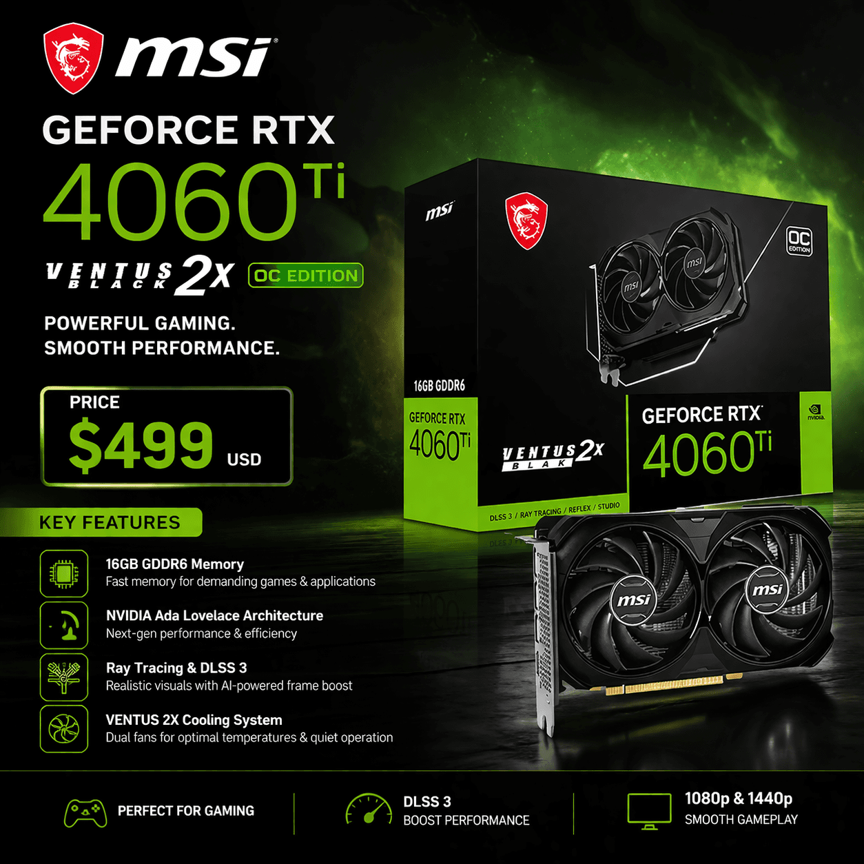 MSI GeForce RTX 4060 Ti Ventus 2X 16GB graphics card and features for $499 USD.
